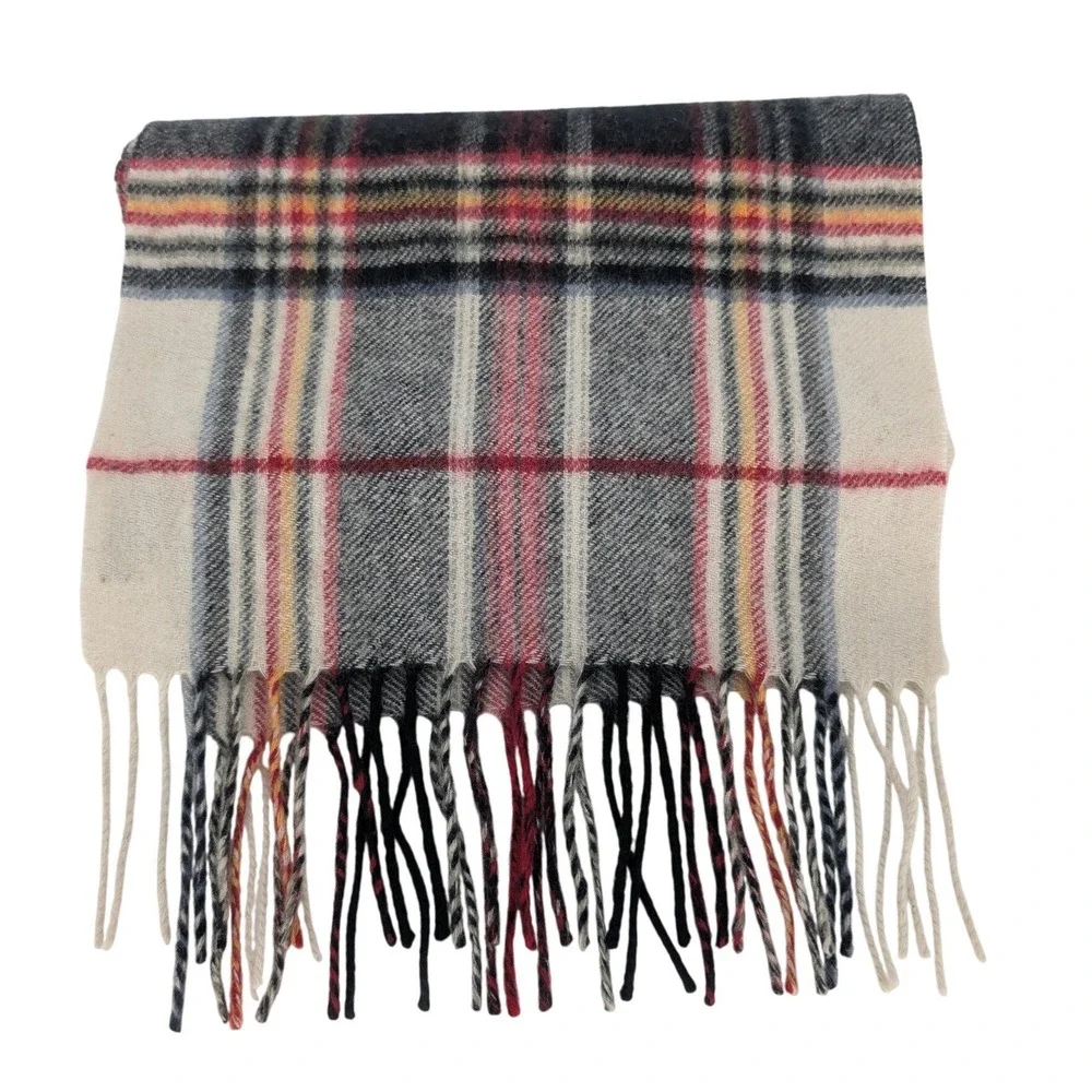 Eddie Bauer Scarf OS Cream Tartan Plaid Cashmere Wool Fringe Heritage Cabin Prep